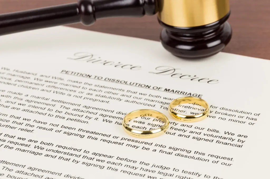 A divorce decree with rings placed on top.