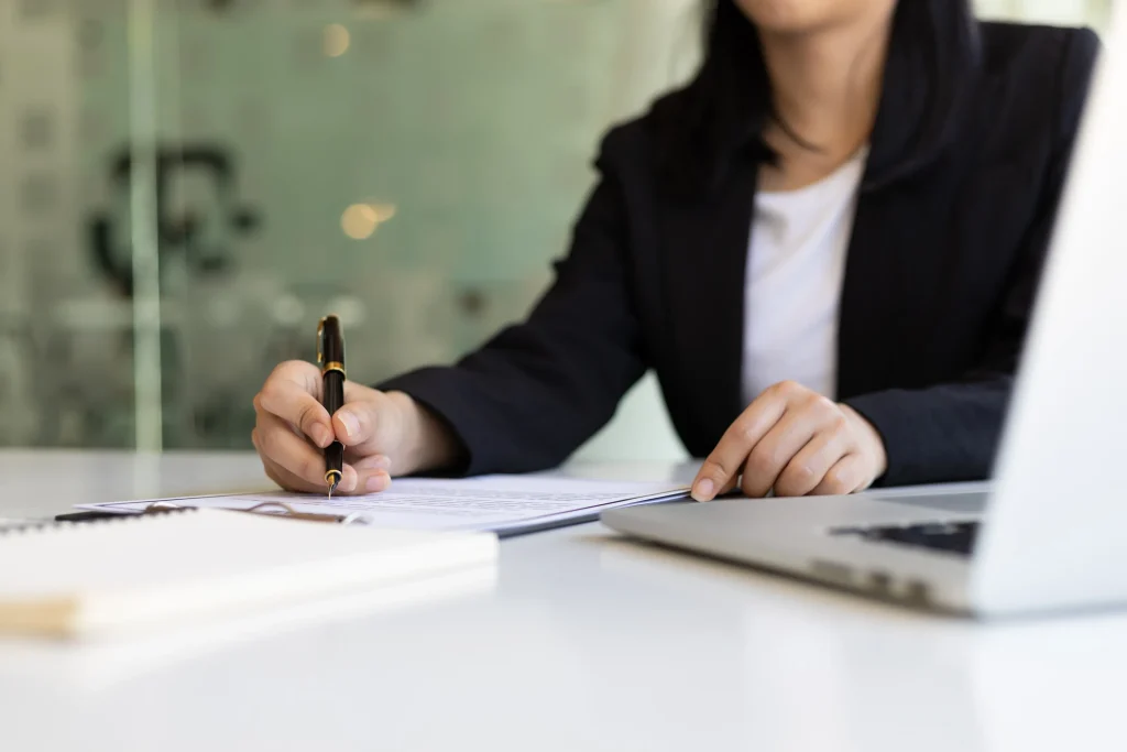 A female attorney working. 